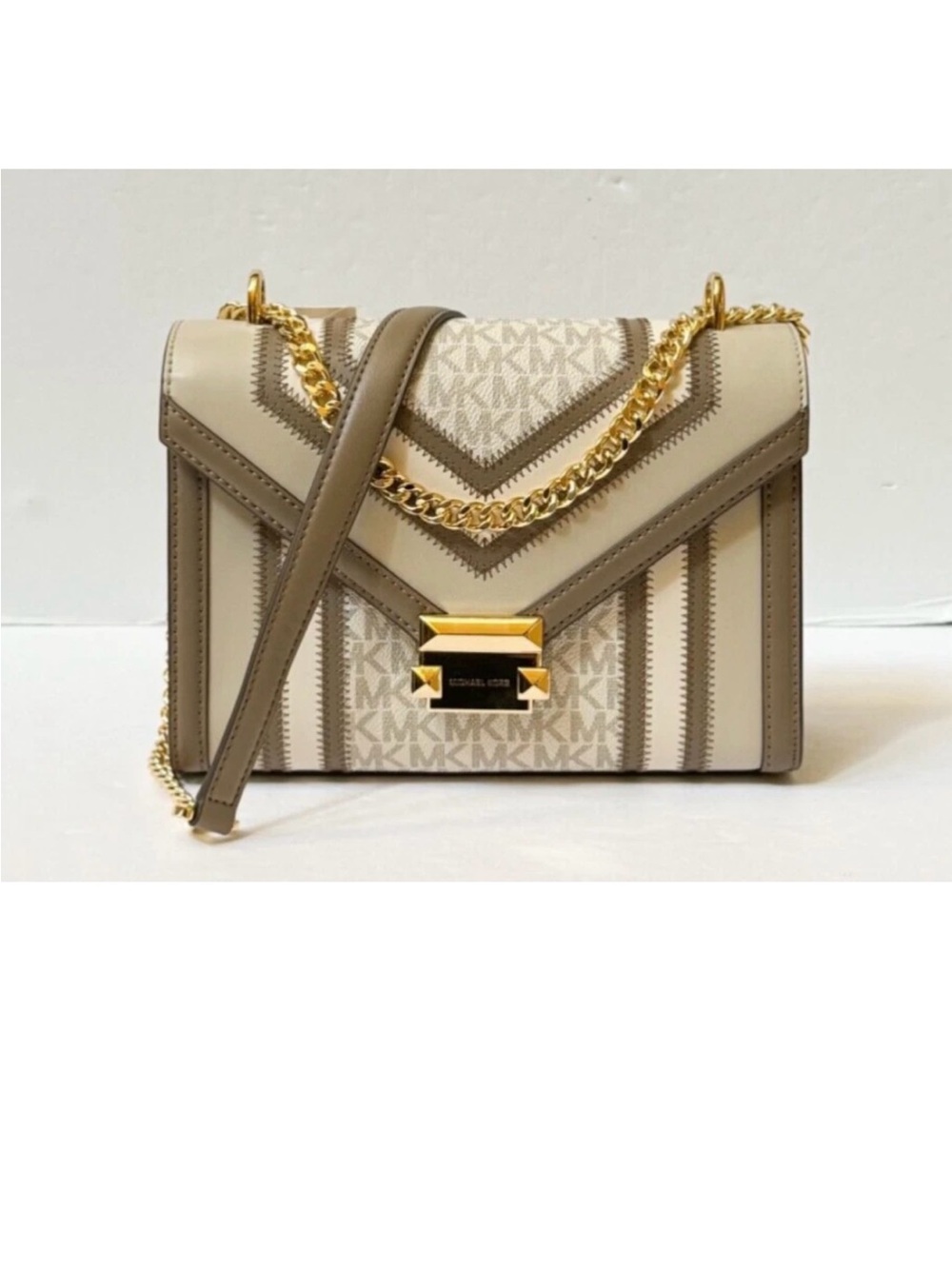 Michael Kors Cream and Taupe Signature Chain Crossbody Bag